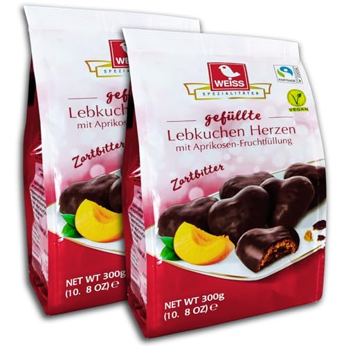 2 er Pack Weiss gefüllte Zartbitter Lebkuchen Herzen mit Aprikosenfüllung 2 x 300g von topDeal