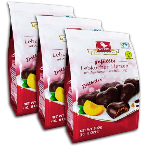 3 er Pack Weiss 300g gefüllte Zartbitter Lebkuchen Herzen mit Aprikosenfüllung 3x 300g von topDeal