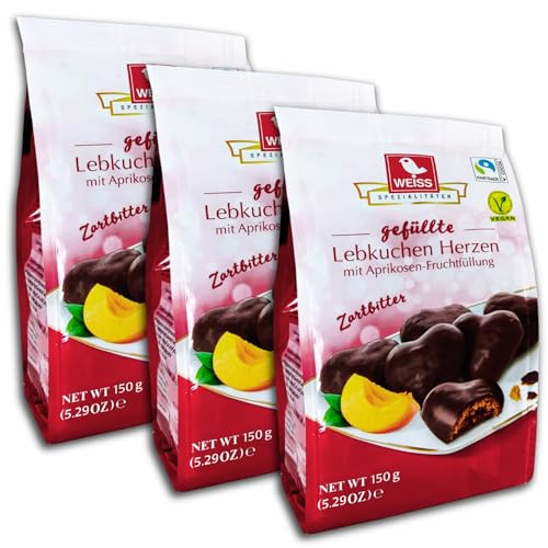 3er Pack Weiss gefüllte Zartbitter Lebkuchen Herzen mit Aprikosenfüllung 3x 150g von topDeal