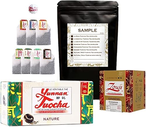 Yunnan Tuocha Zouji - Bestes Probenpaket - 1 Schachtel mit 25 natürlichen Tuocha-Teebeuteln + 1 Schachtel mit 10 Tuocha-Ginseng-Teebeuteln + 7 Teebeutel mit Verschiedenen Aromen - 87g von tuocha
