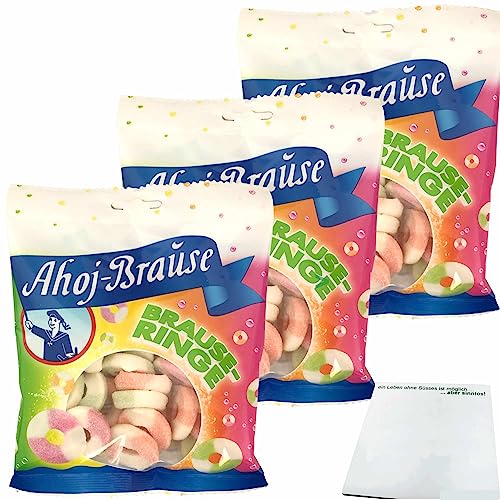 Ahoj-Brause Brause Ringe soft Prickelnd-Saure Fruchtgummi-Ringe mit Brause ummantelt 3er Pack (3x150g Tüte) + usy Block von usy