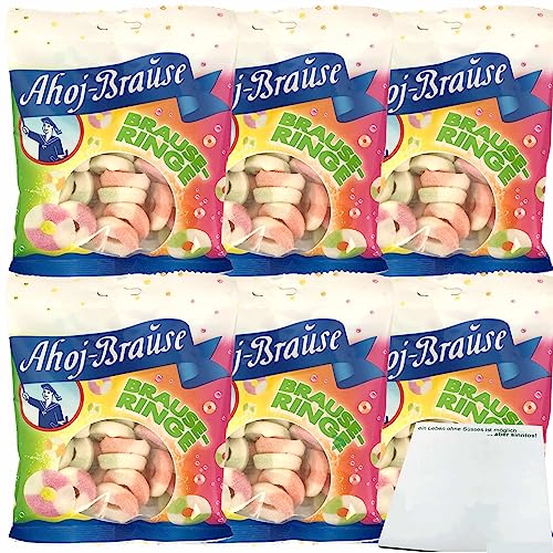 Ahoj-Brause Brause Ringe soft Prickelnd-Saure Fruchtgummi-Ringe mit Brause ummantelt 6er Pack (6x150g Tüte) + usy Block von usy