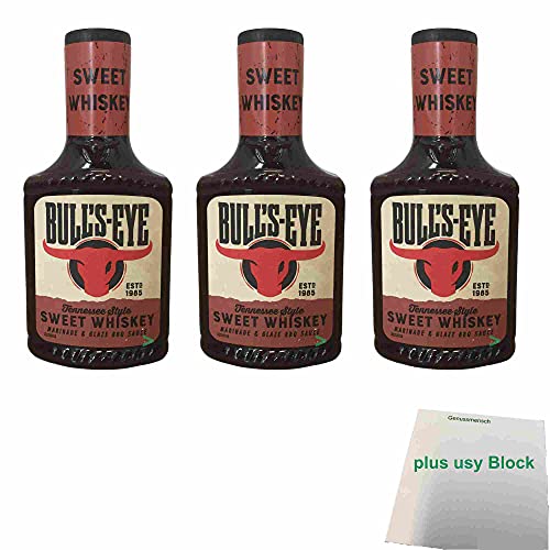 Bull's Eye Sweet Whiskey Marinade & Glaze BBQ-Sauce 3er Pack (3x 300ml Flasche) + usy Block von usy