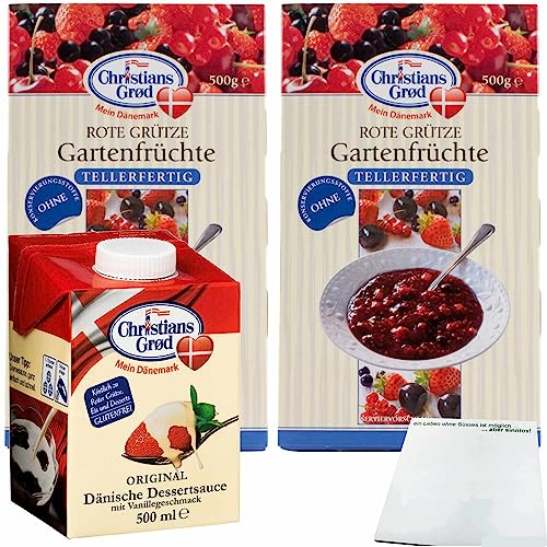 Chr.Grod Grütze Gartenfrüchte (2x500g Packung) & Dessert-Sauce mit Vanillegeschmack (1x500ml) + usy Block von usy