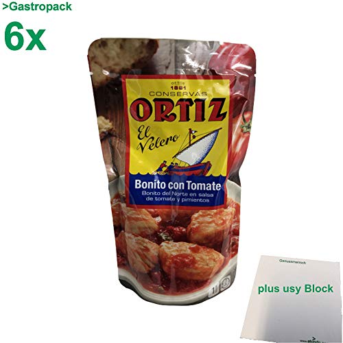 Conservas Ortiz Bonito con Tomate "Weißer Thunfisch in Tomatensauce und Paprika" Gastropack (6x300g) + usy Block von usy