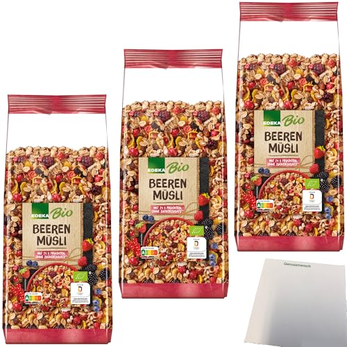 Edeka Bio Beeren Müsli mit 24 % Früchten und Hafer- Roggen- und Weizenvollkornflocken 3er Pack (3x750g Packung) + usy Block von usy