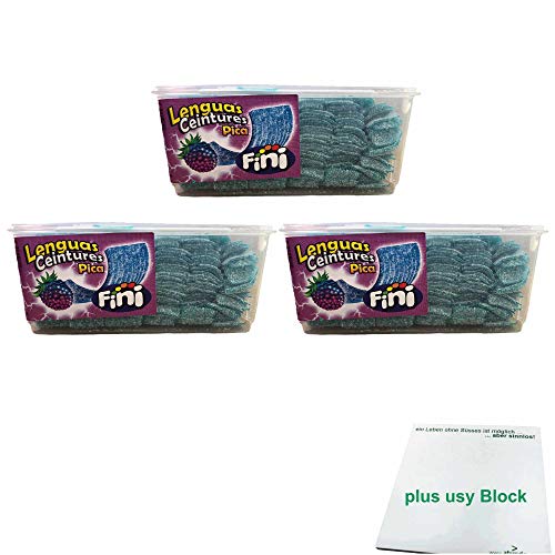 Fini Lenguas Ceintures Pica Citric Framboos 3x 200 Stück (Saure Himbeer Streifen) + usy Block von usy