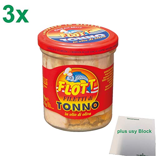 usy Bundle für Flott Thunfischfilet in Olivenöl "Filetti di Tonno in olio di oliva" 3er Pack (3x190g Glas) + usy Block von usy