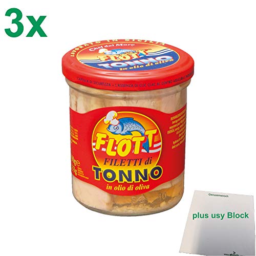 Flott Thunfischfilet in Olivenöl "Filetti di Tonno in olio di oliva" 3er Pack (3x190g Glas) + usy Block von usy