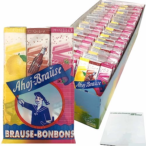 Frigeo Ahoj Brause-Bonbons Stangen 3er Zitrone Cola Himbeer Geschmack (36x69g Packung) + usy Block von usy