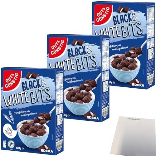 Gut&Günstig Black & White Bits Kakao-Getreidekissen mit Cremefüllung 3er Pack (3x500g Packung) + usy Block von usy