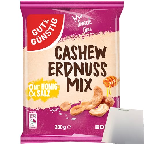 Gut&Günstig Cashew-Erdnuss-Mix mit Honig und Salz lecker karamellisiert (200g Packung) + usy Block von usy