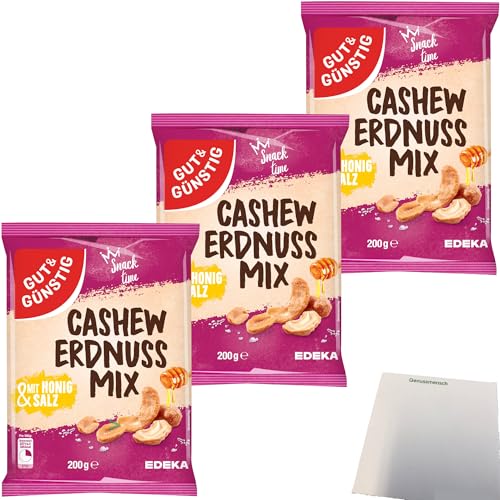 Gut&Günstig Cashew-Erdnuss-Mix mit Honig und Salz lecker karamellisiert 3er Pack (3x200g Packung) + usy Block von usy