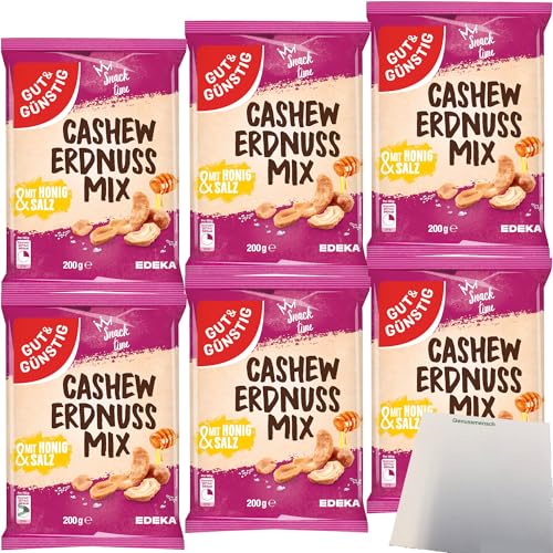Gut&Günstig Cashew-Erdnuss-Mix mit Honig und Salz lecker karamellisiert 6er Pack (6x200g Packung) + usy Block von usy