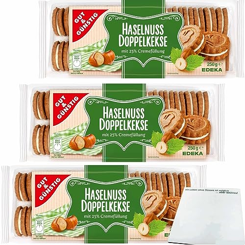 Gut&Günstig Haselnuss Doppelkekse Haselnuss-Gebäck mit Cremefüllung 3er Pack (3x250g Packung) + usy Block von usy