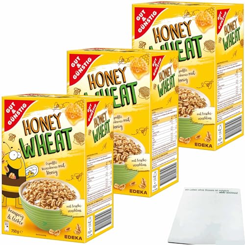 Gut&Günstig Honey Wheat gepuffte Weizenpops mit Honig gesüßt 3er Pack (3x750g Packung) + usy Block von usy