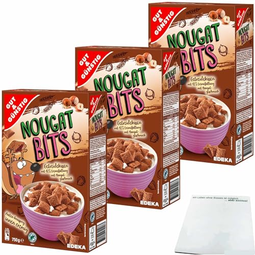 Gut&Günstig Nougat Bits Getreidekissen mit cremiger Nougatfüllung 3er Pack (3x750g Packung) + usy Block von usy