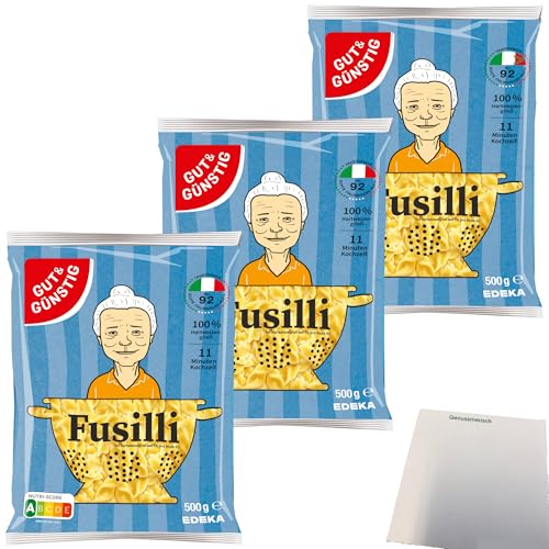 Gut&Günstig Nudeln Fusilli Pasta aus Italien 3er Pack (3x500g Beutel) + usy Block von usy