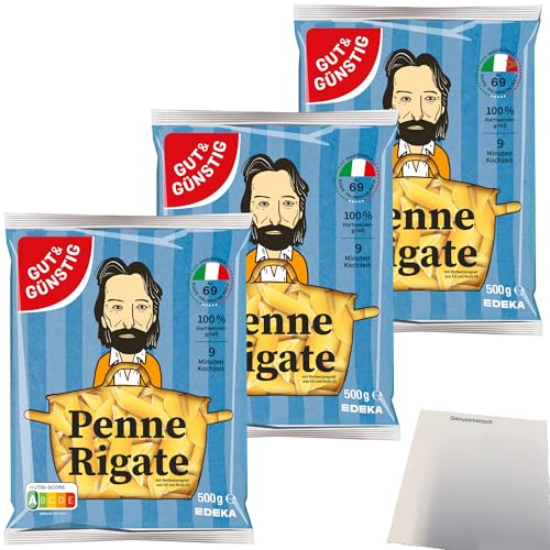 usy Bundle für Gut&Günstig Nudeln Penne Rigate Pasta aus Italien 3er Pack (3x500g Beutel) + usy Block von usy