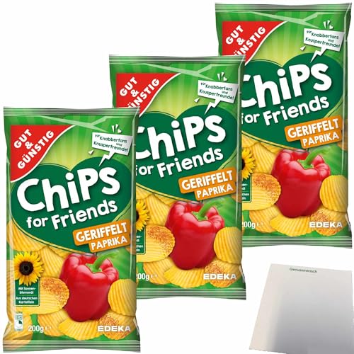 Gut&Günstig Paprika-Chips for Friends geriffelt Kartoffelchips 3er Pack (3x200g Packung) + usy Block von usy