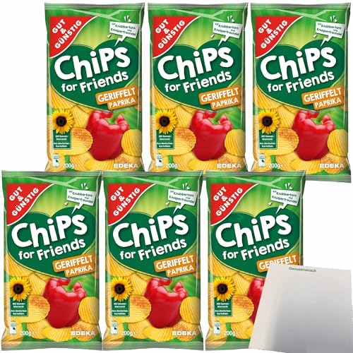 Gut&Günstig Paprika-Chips for Friends geriffelt Kartoffelchips 6er Pack (6x200g Packung) + usy Block von usy