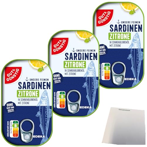 Gut&Günstig Sardinenfilets in Sonnenblumenöl mit Zitrone 3er Pack (3x125g Packung) + usy Block von usy