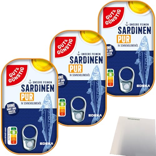 Gut&Günstig Sardinenfilets in Sonnenblumenöl ohne Haut und ohne Gräten 3er Pack (3x125g Packung) + usy Block von usy