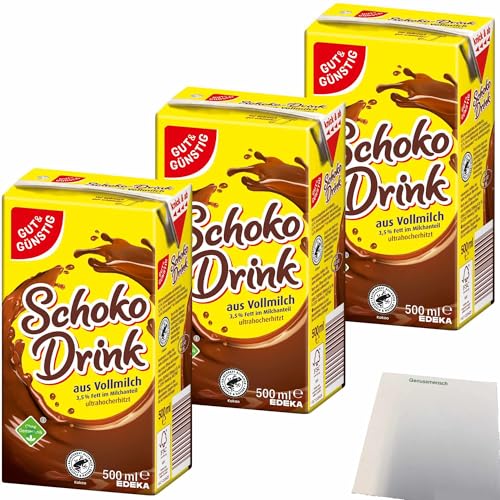 Gut&Günstig Schoko-Drink 3,5% Fett mit Papier-Trinkhalm kalt und heiß ein Genuss 3er Pack (3x500ml Packung) + usy Block von usy