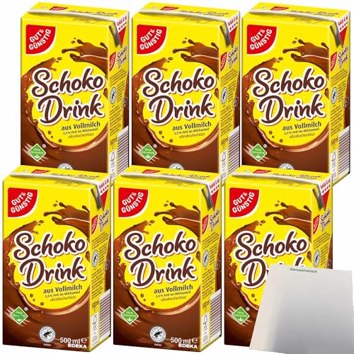 Gut&Günstig Schoko-Drink 3,5% Fett mit Papier-Trinkhalm kalt und heiß ein Genuss 6er Pack (6x500ml Packung) + usy Block von usy