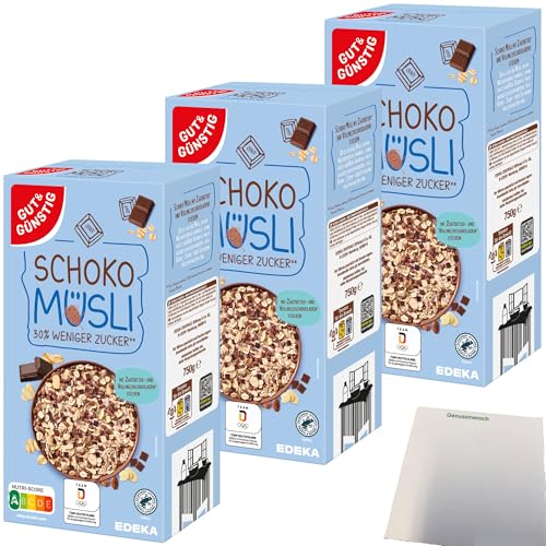 Gut&Günstig Schoko Müsli weniger süß 30% weniger Zucker 3er Pack (3x750g Packung) + usy Block von usy