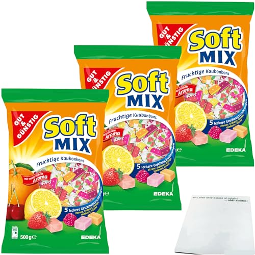 Gut&Günstig Softmix fruchtige Kaubonbons in 5 leckeren Sorten 3er Pack (3x500g Packung) + usy Block von usy