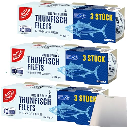 Gut&Günstig Thunfischfilets in eigenem Saft 3er Pack (9x80g Dose) + usy Block von usy