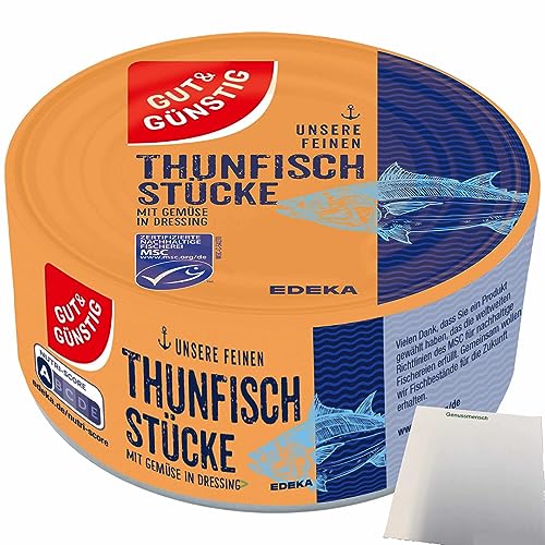 Gut&Günstig Thunfischstücke mit Gemüse in Dressing (185g Dose) + usy Block von usy