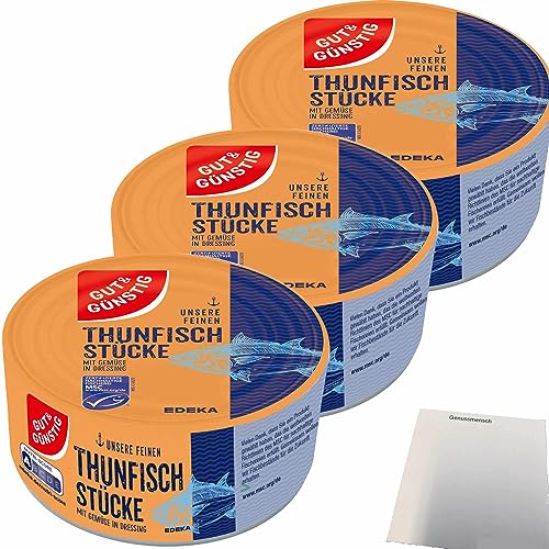 Gut&Günstig Thunfischstücke mit Gemüse in Dressing 3er Pack (3x185g Dose) + usy Block von usy