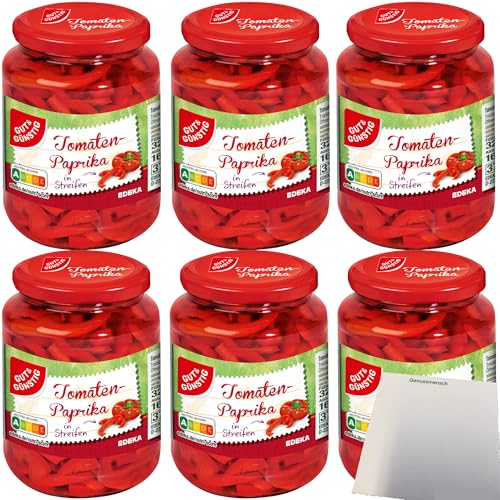 Gut&Günstig Tomaten-Paprika in Streifen geschnitten süß-sauer eingelegt 6er Pack (6x320g Glas) + usy Block von usy