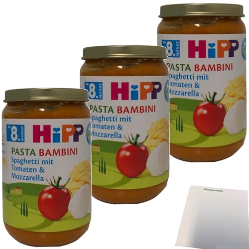 Hipp Pasta Bambini Spaghetti mit Tomaten und Mozzarella ab dem 8. Monat 3er Pack (3x220g Glas) + usy Block von usy