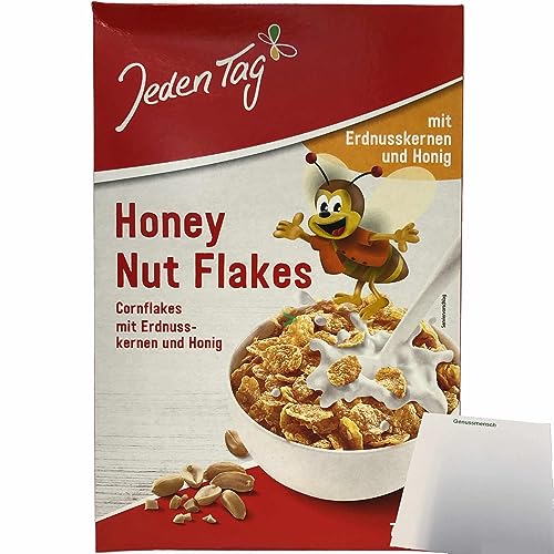 Jeden Tag Honey Nut Flakes Cornflakes mit Honig und Erdnusskernen (750g Packung) + usy Block von usy