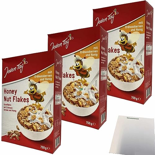 Jeden Tag Honey Nut Flakes Cornflakes mit Honig und Erdnusskernen 3er Pack (3x750g Packung) + usy Block von usy