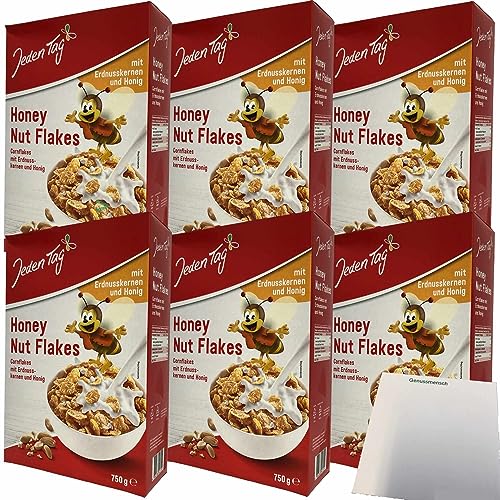 Jeden Tag Honey Nut Flakes Cornflakes mit Honig und Erdnusskernen 6er Pack (6x750g Packung) + usy Block von usy