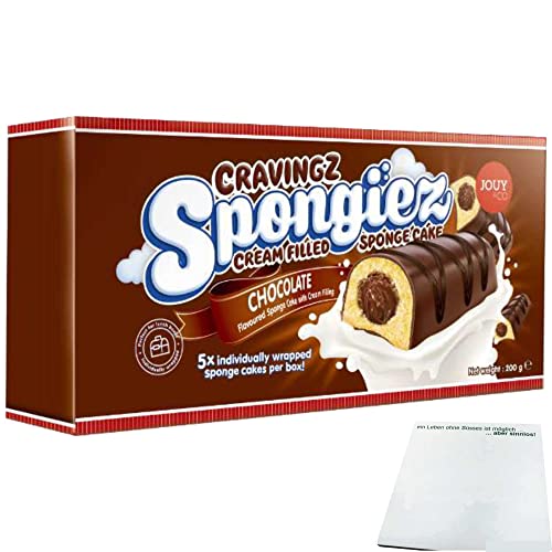 Jouy&Co Cravingz Spongiez Biskuit-Snacks mit Schokoladencremefüllung und Schokoladenüberzug (5 Stück, 200g Packung) + usy Block von usy