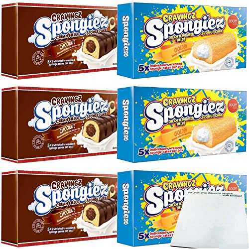 Jouy&Co Cravingz Spongiez Pack, Biskuit-Snacks 3x mit Vanillecreme, 3x Schokoladencremefüllung + Schokoladenüberzug (6x 200g Packung) + usy Block von usy