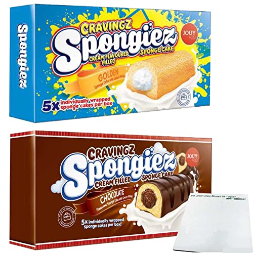 Jouy&Co Cravingz Spongiez Testpaket, Biskuit-Snacks mit Vanille- & Schokoladencremefüllung + Schokoladenüberzug (2x 200g Packung) + usy Block von usy