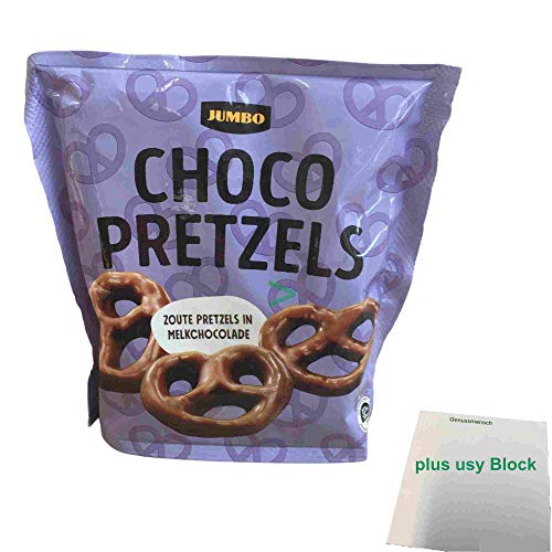 Jumbo Choco Pretzels (Schokoladen-Bretzel, 150g Packung) + usy Block von usy