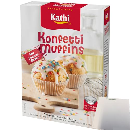 Kathi Backmischung für Konfetti Muffins mit buntem Dekor und Förmchen (420g Packung) + usy Block von usy