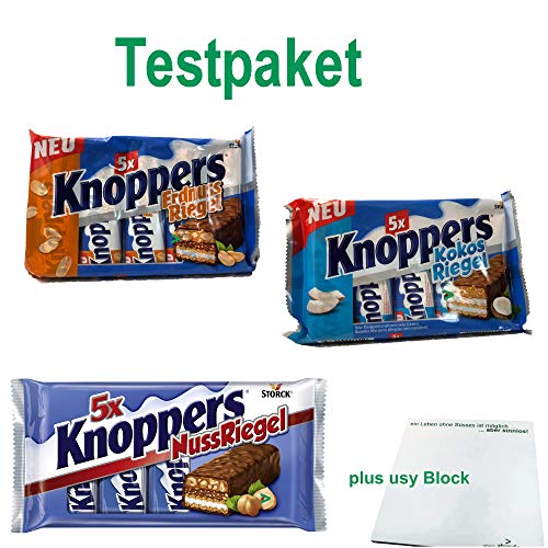 Knoppers Riegel Testpaket (je 5x25g Riegel Erdnuss & Kokos & 5x40g Riegel Classic) + usy Block von usy