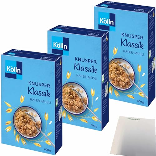 Kölln Knusper Müsli Klassik mit Hafer-Vollkornflocken und feiner Vanille-Note 3er Pack (3x600g Packung) + usy Block von usy