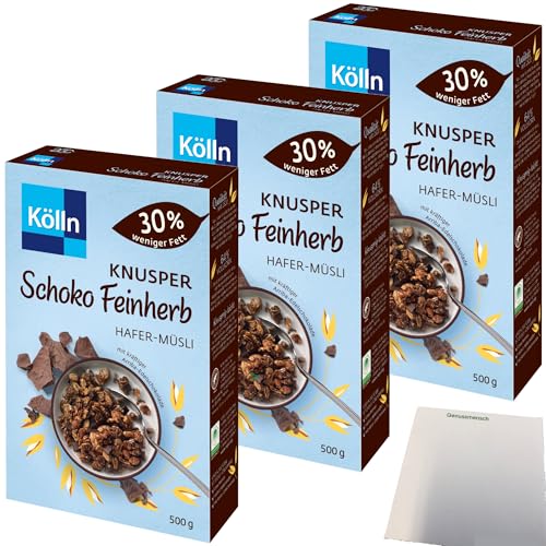 Kölln Knusper Schoko feinherb Hafer Müsli 30% weniger Fett 3er Pack (3x500g Packung) + usy Block von usy