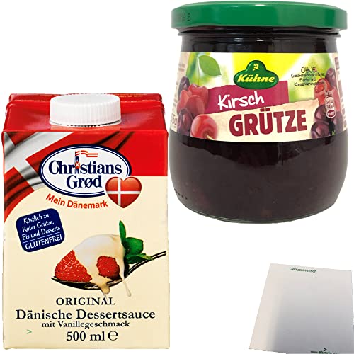 Kühne Rote Kirsch Grütze (1x375g) Glas + Dessert-Sauce mit Vanillegeschmack (1x500ml Pack) + usy Block von usy