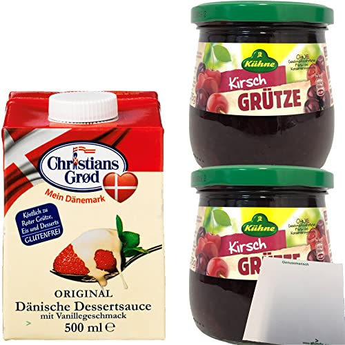 Kühne Rote Kirsch Grütze (2x375g) Glas + Dessert-Sauce mit Vanillegeschmack (1x500ml Pack) + usy Block von usy