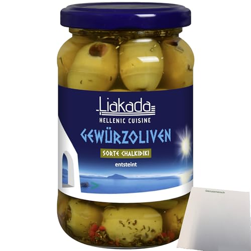 usy Bundle für Liakada Grüne Gewürzoliven Sorte Chalkidiki Ensteint (170g Glas) + usy Block von usy